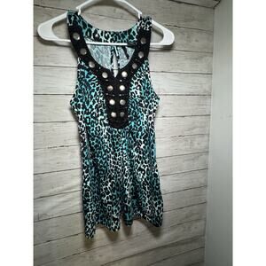 Women's Petite XL Blue Turquoise Leopard Print Tank Top Sleeveless PXL Summer